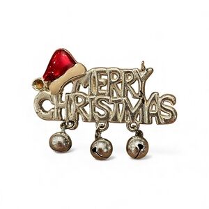 Vintage Merry Christmas Silver Tone 2" Brooch Pin Red White Santa Hat JingleBell